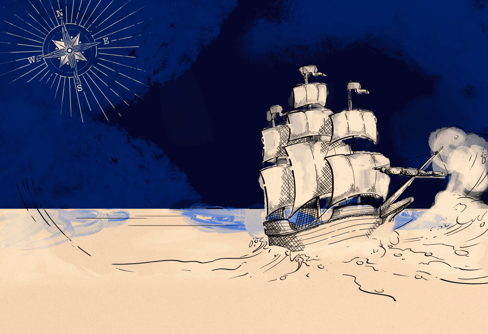 An engraved Galleon at sea beneath a compass rose